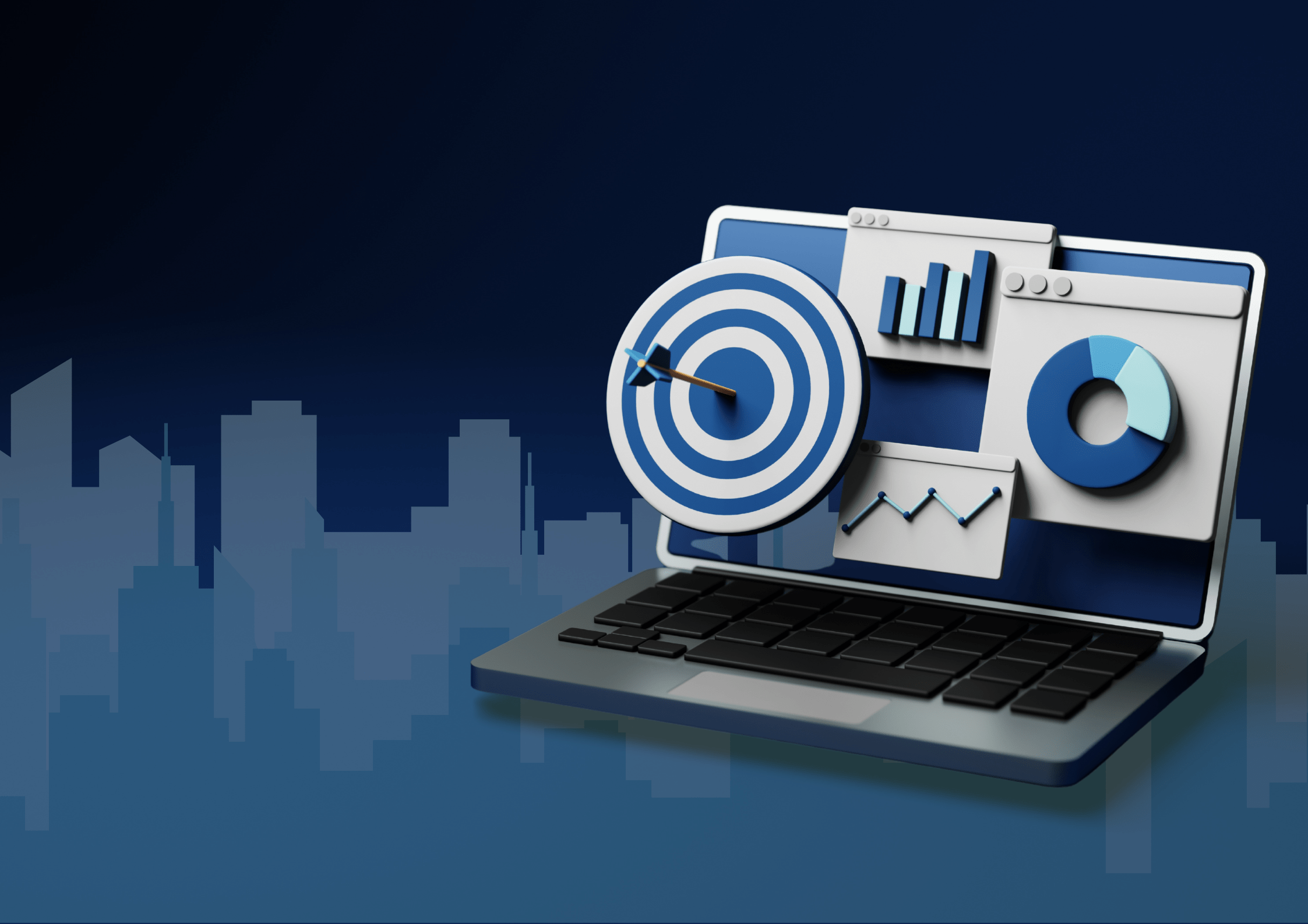 Ilustração de um laptop com gráficos e uma mira de alvo com flecha no centro, representando análise de dados, metas e desempenho em um contexto de cidade inteligente. Ao fundo, silhueta de prédios em tons de azul escuro.