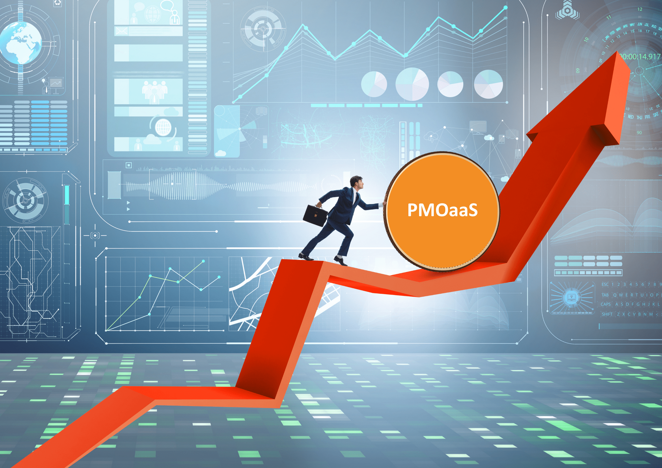 Homem de negócios empurrando uma engrenagem laranja com o termo 'PMOaaS' sobre uma seta vermelha crescente, simbolizando crescimento estratégico impulsionado por gerenciamento de projetos como serviço.