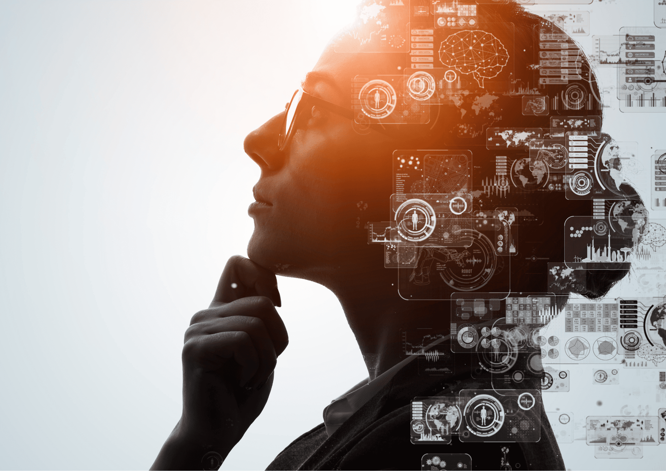 Silhueta de uma pessoa em perfil com expressão pensativa, integrada a elementos gráficos digitais, representando o uso da tecnologia.