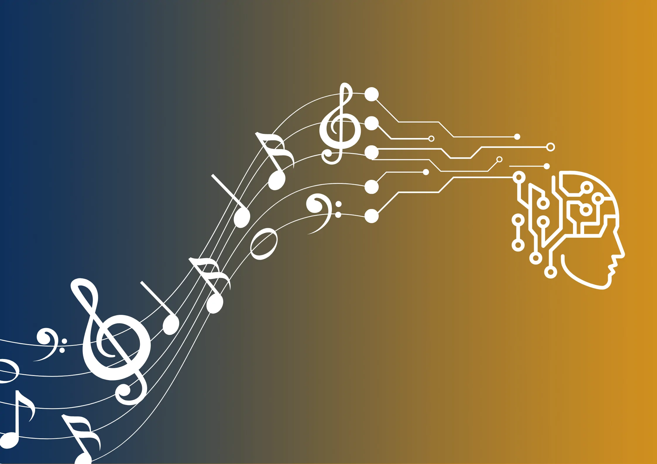 Ilustração de notas musicais se transformando em circuitos eletrônicos conectados a um rosto humano estilizado, representando a fusão entre criatividade humana e inteligência artificial.