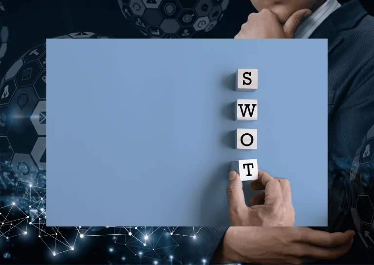 Matriz SWOT representada por blocos de madeira com as letras da sigla